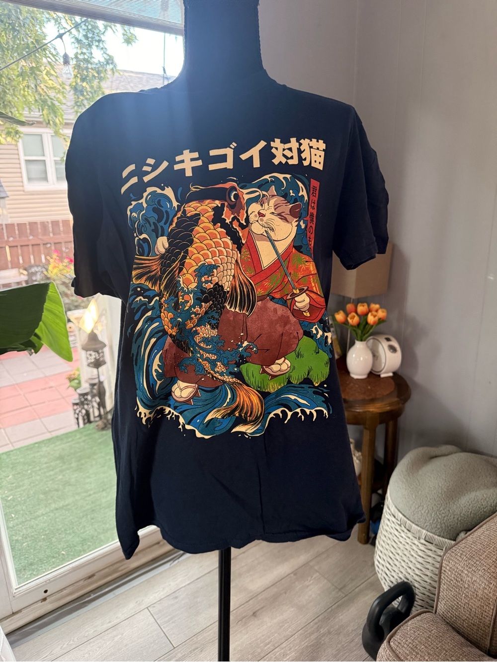 Threadless Black Graphic Tee with Colorful Koi and Cat Art